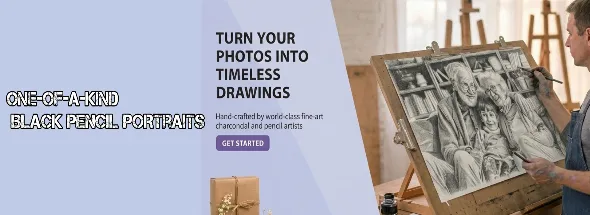 Custom black pencil portrait drawing featuring an artist hand‑drawing a detailed family pencil sketch from a photo.